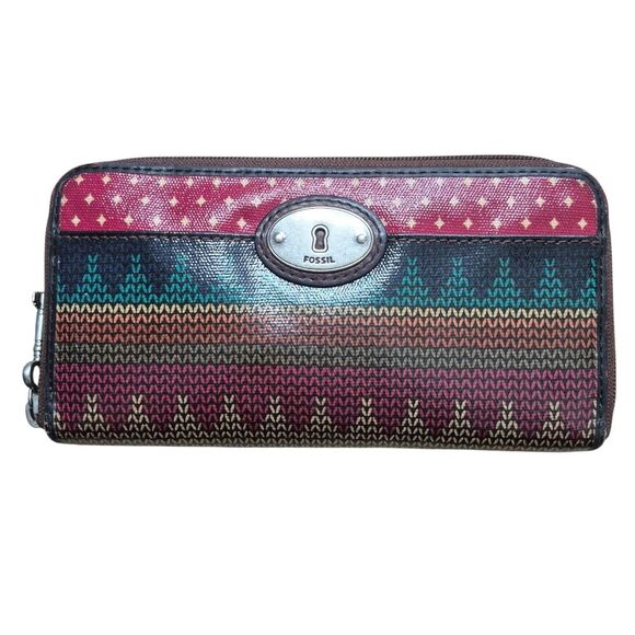 Fossil Women's Colorful Patterned Key-Per Zip Around Wallet Boho 90s Y2K Coated - Picture 1 of 3